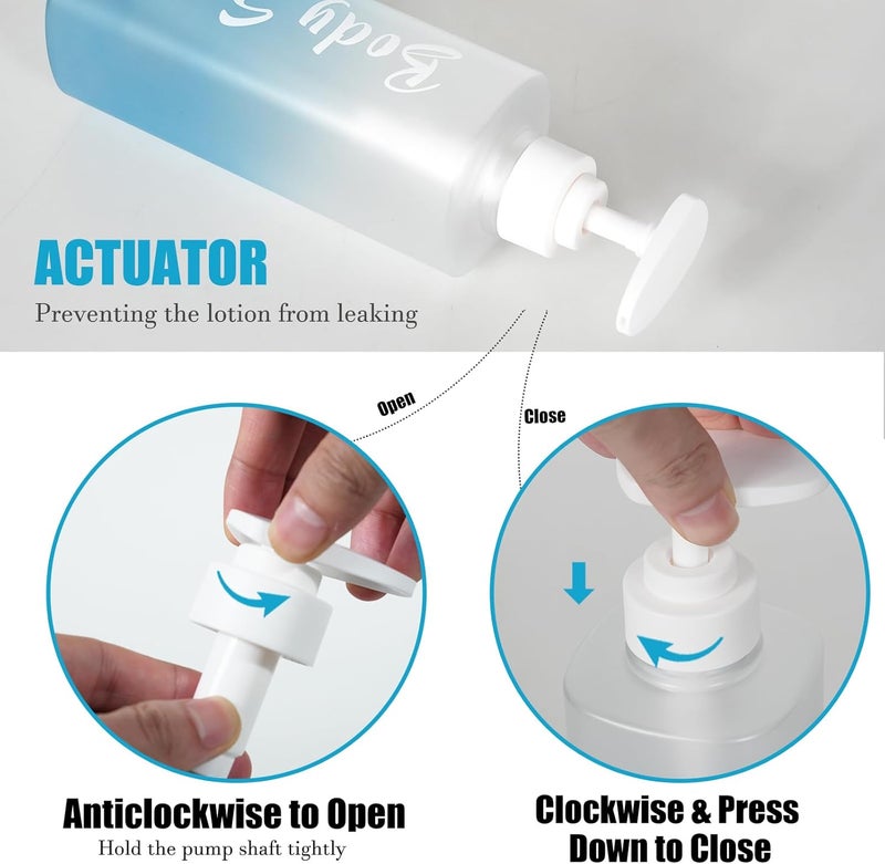 AUMIO Shampoo and Conditioner Dispenser Set of 3, 17oz Shower Soap Bottles with Permanent Label, Refillable Shampoo and Conditioner Dispensers for Bathroom, Gradient Frosted Blue Empty Bottles with Pump - Image 3